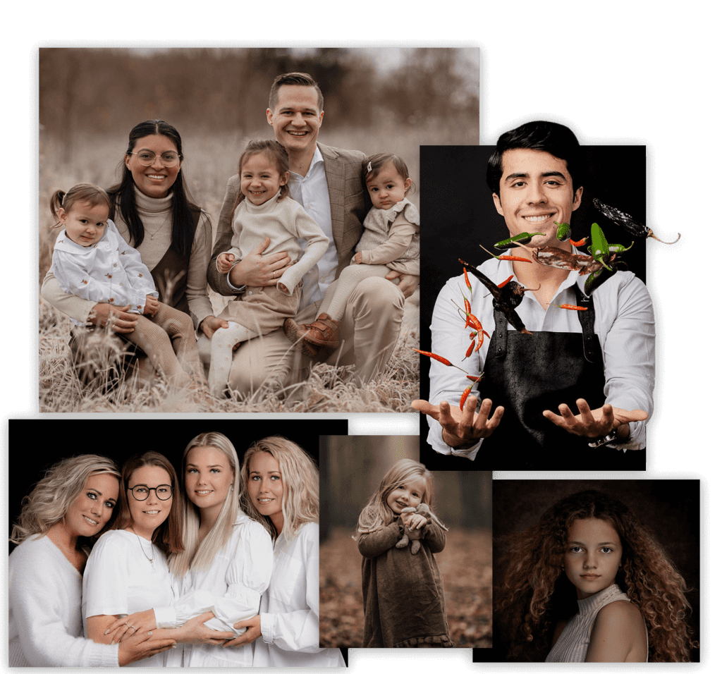 A collage of portrait photos floating on top of each other with a transparent background. Portraits are taken by Wila Image